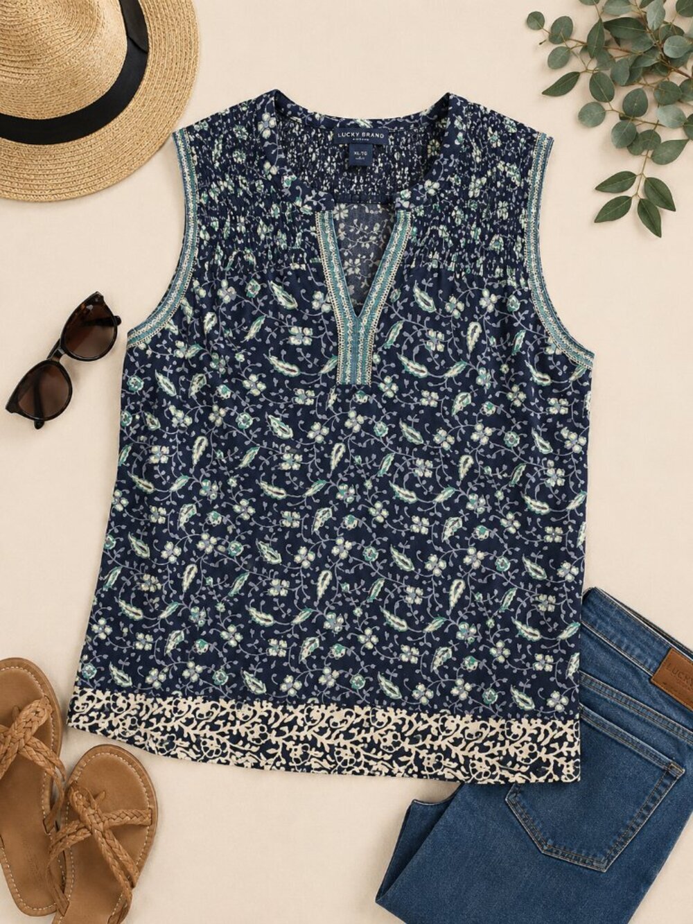 Lucky Brand XL Sleeveless Boho Embroidered Split Neck Tank Top Navy Floral Plus